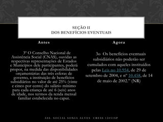   § 3º O Conselho Nacional de Assistência Social (CNAS), ouvidas as respectivas representações de Estados e Municípios dele participantes, poderá propor, na medida das disponibilidades orçamentárias das três esferas de governo, a instituição de benefícios subsidiários no valor de até 25% (vinte e cinco por cento) do salário mínimo para cada criança de até 6 (seis) anos de idade, nos termos da renda mensal familiar estabelecida no caput.§ 3o  Os benefícios eventuais subsidiários não poderão ser cumulados com aqueles instituídos pelas Leis no 10.954, de 29 de setembro de 2004, e nº 10.458, de 14 de maio de 2002.” (NR)Antes AgoraAss. Social Sonia Alves  CRESS 12051spSEÇÃO IIDos Benefícios Eventuais