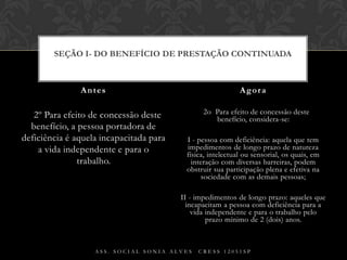 § 2º Para efeito de concessão deste benefício, a pessoa portadora de deficiência é aquela incapacitada para a vida independente e para o trabalho.§ 2o  Para efeito de concessão deste benefício, considera-se:I - pessoa com deficiência: aquela que tem impedimentos de longo prazo de natureza física, intelectual ou sensorial, os quais, em interação com diversas barreiras, podem obstruir sua participação plena e efetiva na sociedade com as demais pessoas;II - impedimentos de longo prazo: aqueles que incapacitam a pessoa com deficiência para a vida independente e para o trabalho pelo prazo mínimo de 2 (dois) anos.Antes AgoraAss. Social Sonia Alves  CRESS 12051spSEÇÃO I- Do Benefício de Prestação Continuada