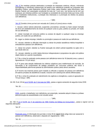 27/01/2021 L13146
www.planalto.gov.br/ccivil_03/_ato2015-2018/2015/lei/l13146.htm 21/31
“Art. 3º As medidas judiciais destinadas à proteção de interesses coletivos, difusos, individuais
homogêneos e individuais indisponíveis da pessoa com deficiência poderão ser propostas pelo
Ministério Público, pela Defensoria Pública, pela União, pelos Estados, pelos Municípios, pelo
Distrito Federal, por associação constituída há mais de 1 (um) ano, nos termos da lei civil, por
autarquia, por empresa pública e por fundação ou sociedade de economia mista que inclua, entre
suas finalidades institucionais, a proteção dos interesses e a promoção de direitos da pessoa
com deficiência.
.................................................................................” (NR)
“Art. 8º Constitui crime punível com reclusão de 2 (dois) a 5 (cinco) anos e multa:
I - recusar, cobrar valores adicionais, suspender, procrastinar, cancelar ou fazer cessar inscrição
de aluno em estabelecimento de ensino de qualquer curso ou grau, público ou privado, em razão
de sua deficiência;
II - obstar inscrição em concurso público ou acesso de alguém a qualquer cargo ou emprego
público, em razão de sua deficiência;
III - negar ou obstar emprego, trabalho ou promoção à pessoa em razão de sua deficiência;
IV - recusar, retardar ou dificultar internação ou deixar de prestar assistência médico-hospitalar e
ambulatorial à pessoa com deficiência;
V - deixar de cumprir, retardar ou frustrar execução de ordem judicial expedida na ação civil a
que alude esta Lei;
VI - recusar, retardar ou omitir dados técnicos indispensáveis à propositura da ação civil pública
objeto desta Lei, quando requisitados.
§ 1º Se o crime for praticado contra pessoa com deficiência menor de 18 (dezoito) anos, a pena é
agravada em 1/3 (um terço).
§ 2º A pena pela adoção deliberada de critérios subjetivos para indeferimento de inscrição, de
aprovação e de cumprimento de estágio probatório em concursos públicos não exclui a
responsabilidade patrimonial pessoal do administrador público pelos danos causados.
§ 3º Incorre nas mesmas penas quem impede ou dificulta o ingresso de pessoa com deficiência
em planos privados de assistência à saúde, inclusive com cobrança de valores diferenciados.
§ 4º Se o crime for praticado em atendimento de urgência e emergência, a pena é agravada em
1/3 (um terço).” (NR)
Art. 99. O art. 20 da Lei nº 8.036, de 11 de maio de 1990 , passa a vigorar acrescido do seguinte inciso XVIII:
“Art. 20. ......................................................................
..............................................................................................
XVIII - quando o trabalhador com deficiência, por prescrição, necessite adquirir órtese ou prótese
para promoção de acessibilidade e de inclusão social.
..................................................................................” (NR)
Art. 100. A Lei nº 8.078, de 11 de setembro de 1990 (Código de Defesa do Consumidor) , passa a vigorar com as
seguintes alterações:
“Art. 6º .......................................................................
............................................................................................
Parágrafo único. A informação de que trata o inciso III do caput deste artigo deve ser acessível à
pessoa com deficiência, observado o disposto em regulamento.” (NR)
“Art. 43. ......................................................................
............................................................................................
 