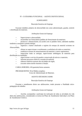 IV - CATEGORIA FUNCIONAL – AGENTE INSTITUCIONAL

                                       ALMOXARIFE

                                Descrição Genérica do Emprego

          Executar trabalhos próprios de almoxarifado tais como administração, guarda, controle
e distribuição de materiais.

                                Atribuições Gerais do Emprego

         −       Supervisionar o almoxarifado;
         −       encaminhar aos fornecedores pedidos de fornecimento de materiais;
         −       promover o abastecimento, de acordo com os pedidos feitos, adotando medidas
tendentes a assegurar a pronta entrega;
         −       organizar e manter atualizado o registro do estoque de material existente no
Almoxarifado;
         −       efetuar ou supervisionar o recebimento e conferência de todos os materiais;
         −       estabelecer normas de armazenamento de materiais e outros suprimentos;
         −       inspecionar todas as entregas, supervisionar embalagens de materiais para
distribuição ou expedição;
         −       supervisionar o serviço de guarda e conservação de móveis e materiais;
         −       informar processos relativos a assunto de material;
         −       elaborar relatórios mensais das atividades do órgão;
         −       executar outras tarefas inerentes à função.

        CARGA HORÁRIA: 40 (quarenta) horas semanais.

        PRÉ-REQUISITOS: Nível Médio completo;
                       Curso de Administração de Materiais.

                                AGENTE SÓCIOEDUCADOR

                                Descrição Genérica do Emprego

        Executar o atendimento direto aos adolescentes, tendo presente a finalidade sócio-
pedagógica do trabalho.

                                Atribuições Gerais do Emprego

         −      Auxiliar, acompanhar e participar da realização de todas as atividades da vida
diária dos adolescentes, considerando os termos do Plano de Atendimento Individual e do Plano
de Atendimento Coletivo;




http://www.al.rs.gov.br/legis                                                               11
 