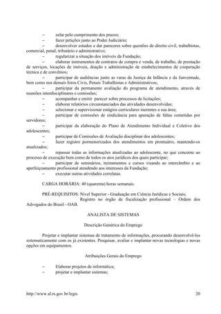 −       zelar pelo cumprimento dos prazos;
         −       fazer petições junto ao Poder Judiciário;
         −       desenvolver estudos e dar pareceres sobre questões de direito civil, trabalhistas,
comercial, penal, tributário e administrativo;
         −       regularizar a situação dos imóveis da Fundação;
         −       elaborar instrumentos de contratos de compra e venda, de trabalho, de prestação
de serviços, locações de imóveis, doação e administração de estabelecimentos de cooperação
técnica e de convênios;
         −       participar de audiências junto as varas da Justiça da Infância e da Junventude,
bem como nos demais foros Civis, Penais Trabalhistas e Administrativos;
         −       participar da permanente avaliação do programa de atendimento, através de
reuniões interdisciplinares e comissões;
         −       acompanhar e emitir parecer sobre processos de licitações;
         −       elaborar relatórios circunstanciados das atividades desenvolvidas;
         −       selecionar e supervisionar estágios curriculares inerentes a sua área;
         −       participar de comissões de sindicância para apuração de faltas cometidas por
servidores;
         −       participar da elaboração do Plano de Atendimento Individual e Coletivo dos
adolescentes;
         −       participar de Comissões de Avaliação disciplinar dos adolescentes;
         −       fazer registro pormenorizados dos atendimentos em prontuário, mantendo-os
atualizados;
         −       repassar todas as informações atualizadas ao adolescente, no que concerne ao
processo de execução bem como de todos os atos jurídicos dos quais participar;
         −       participar de seminários, treinamentos e cursos visando ao intercâmbio e ao
aperfeiçoamento profissional atendendo aos interesses da Fundação;
         −       executar outras atividades correlatas.

         CARGA HORÁRIA: 40 (quarenta) horas semanais.

       PRÉ-REQUISITOS: Nível Superior - Graduação em Ciência Jurídicas e Sociais;
                           Registro no órgão de fiscalização profissional – Ordem dos
Advogados do Brasil - OAB.

                                  ANALISTA DE SISTEMAS

                                Descrição Genérica do Emprego

         Projetar e implantar sistemas de tratamento de informações, procurando desenvolvê-los
sistematicamente com os já existentes. Pesquisar, avaliar e implantar novas tecnologias e novas
opções em equipamentos.

                                 Atribuições Gerais do Emprego

         −      Elaborar projetos de informática;
         −      projetar e implantar sistemas;



http://www.al.rs.gov.br/legis                                                                   20
 