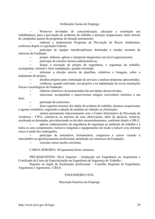 Atribuições Gerais do Emprego

          −       Promover atividades de conscientização, educação e orientação aos
trabalhadores, para a prevenção de acidentes do trabalho e doenças ocupacionais, tanto através
de campanhas quanto de programas de duração permanente;
          −       elaborar e implementar Programa de Prevenção de Riscos Ambientais,
conforme dispõe a Legislação Federal;
          −       participar de equipes interdisciplinares destinadas a estudar assuntos de
interesse da Fundação;
          −       propor, elaborar, aplicar e interpretar diagnóstico em nível organizacional;
          −       participar de reuniões técnico-administrativas;
          −       dirigir a execução de projeto de engenharia, e segurança do trabalho,
acompanhar, orientar e fazer readaptação, quando orientado;
          −       informar a direção através de planilhas, relatórios e listagens, sobre o
andamento do projeto;
          −       detalhar projetos para contratação de serviços e analisar propostas apresentadas;
          −       colaborar, quando solicitado, nos projetos e na implantação de novas instalações
físicas e tecnológicas da Fundação;
          −       elaborar relatórios circunstanciados das atividades desenvolvidas;
          −       selecionar, acompanhar e supervisionar estágios curriculares inerentes a sua
área;
          −       participar de comissões;
          −       fazer registros mensais dos dados de acidente de trabalho, doenças ocupacionais
e agentes insalubres, sugerindo a adoção de medidas de redução ou eliminação;
          −       manter permanente relacionamento com o Centro Informativo de Prevenção de
Acidentes - CIPA, valendo-se ao máximo de suas observações, além de apoiá-la, treiná-la,
recebendo as demandas, providenciando os devidos encaminhamentos, conforme dispõe a NR-5;
          −       aplicar conhecimentos de engenharia de segurança ao ambiente de trabalho e a
todos os seus componentes, inclusive máquinas e equipamentos de modo a reduzir e/ou eliminar
riscos à saúde dos empregados.
          −       participar de seminários, treinamentos, congressos e cursos visando o
intercâmbio ao aperfeiçoamento profissional, atendendo aos interesses da Fundação;
          −       executar outras tarefas correlatas.

         CARGA HORÁRIA: 40 (quarenta) horas semanais.

         PRÉ-REQUISITOS: Nível Superior - Graduação em Engenharia ou Arquitetura e
Certificado de Curso de Especialização em Engenharia de Segurança do Trabalho ;
         Registro no órgão de fiscalização profissional – Conselho Regional de Engenharia,
Arquitetura e Agronomia - CREA

                                     ENGENHEIRO CIVIL

                                Descrição Genérica do Emprego




http://www.al.rs.gov.br/legis                                                                   29
 