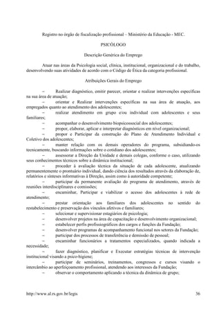 Registro no órgão de fiscalização profissional – Ministério da Educação - MEC.

                                          PSICÓLOGO

                                 Descrição Genérica do Emprego

        Atuar nas áreas da Psicologia social, clínica, institucional, organizacional e do trabalho,
desenvolvendo suas atividades de acordo com o Código de Ética da categoria profissional.

                                 Atribuições Gerais do Emprego

          −       Realizar diagnóstico, emitir parecer, orientar e realizar intervenções específicas
na sua área de atuação;
          −       orientar e Realizar intervenções específicas na sua área de atuação, aos
empregados quanto ao atendimento dos adolescentes;
          −       realizar atendimento em grupo e/ou individual com adolescentes e seus
familiares;
          −       acompanhar o desenvolvimento biopsicossocial dos adolescentes;
          −       propor, elaborar, aplicar e interpretar diagnósticos em nível organizacional;
          −       propor e Participar da construção do Plano de Atendimento Individual e
Coletivo dos adolescentes;
          −       manter relação com os demais operadores do programa, subsidiando-os
tecnicamente, buscando informações sobre o cotidiano dos adolescentes;
          −       assessorar a Direção da Unidade e demais colegas, conforme o caso, utilizando
seus conhecimentos técnicos sobre a dinâmica institucional;
          −       proceder à avaliação técnica da situação de cada adolescente, atualizando
permanentemente o prontuário individual, dando ciência dos resultados através da elaboração de,
relatórios e sínteses informativas à Direção, assim como à autoridade competente;
          −       participar da permanente avaliação do programa de atendimento, através de
reuniões interdisciplinares e comissões;
          −       encaminhar, Participar e viabilizar o acesso dos adolescentes à rede de
atendimento;
          −       prestar orientação aos familiares dos adolescentes no sentido do
restabelecimento e preservação dos vínculos afetivos e familiares;
          −       selecionar e supervisionar estagiários de psicologia;
          −       desenvolver projetos na área de capacitação e desenvolvimento organizacional;
          −       estabelecer perfis profissiográficos dos cargos e funções da Fundação;
          −       desenvolver programas de acompanhamento funcional nos setores da Fundação;
          −       participar dos processos de transferência e demissão de pessoal;
          −       encaminhar funcionários a tratamentos especializados, quando indicada a
necessidade;
          −       fazer diagnóstico, planificar e Executar estratégias técnicas de intervenção
institucional visando a psico-higiene;
          −       participar de seminários, treinamentos, congressos e cursos visando o
intercâmbio ao aperfeiçoamento profissional, atendendo aos interesses da Fundação;
          −       observar o comportamento aplicando a técnica da dinâmica de grupo;



http://www.al.rs.gov.br/legis                                                                    36
 