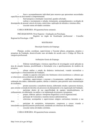 −       fazer o acompanhamento individual para menores que apresentam necessidades
específicas na área mental e comportamental;
         −       fazer pesquisa e orientação vocacional, quando solicitado;
         −       realizar o recrutamento e seleção, treinamento, acompanhamento e avaliação de
desempenho de pessoal, através de testes, entrevistas e aplicação de métodos e sistemas afins;
         −       executar outras atividades correlatas.

         CARGA HORÁRIA: 40 (quarenta) horas semanais.

        PRÉ-REQUISITOS: Nível Superior - Graduação em Psicologia;
                            Registro no órgão de fiscalização profissional – Conselho
Regional de Psicologia - CRP.

                                          SOCIÓLOGO

                                 Descrição Genérica do Emprego

         Planejar, avaliar, coordenar, supervisionar e Executar planos, programas, projetos e
pesquisas da Fundação, desenvolvendo suas atividades de acordo com o Código de Ética da
categoria profissional.

                                 Atribuições Gerais do Emprego

          −       Elaborar metodologias e técnicas específicas de investigação social aplicada na
área de atuação humana, possibilitando a formulação e/ou o aperfeiçoamento de modelos de
pesquisa;
          −       efetuar análise e estudo da dinâmica institucional, visando racionalizar a
organização e o funcionamento da Fundação;
          −       estudar os aspectos relevantes dos fenômenos sócio-econômicos e culturais que
se relacionem com as diretrizes do trabalho;
         −        coordenar, supervisionar e executar o levantamento, codificação, tabulação e
ordenação dos dados, elaborando quadros, tabelas e relatórios, para permitir uma sistematização
de resultados;
          −       prestar assessoria e consultoria técnica, elaborando estudos e pareceres técnicos,
para orientar a tomada de decisões em processos de planejamento e/ou organização da Fundação;
          −       participar dentro de sua especificidade de equipes interdisciplinares, no
embasamento, na elaboração, na análise e na implantação de projetos e programas;
          −       propor, elaborar, aplicar e interpretar diagnóstico a nível organizacional;
          −       participar de Comissões e reuniões técnico-administrativas;
          −       selecionar, acompanhar e supervisionar estágios curriculares inerentes a sua
área;
          −       participar de seminários, treinamentos, congressos e cursos visando o
intercâmbio ao aperfeiçoamento profissional, atendendo aos interesses da Fundação;
          −       executar outras atividades correlatas.

         CARGA HORÁRIA: 40 (quarenta) horas semanais.




http://www.al.rs.gov.br/legis                                                                    37
 