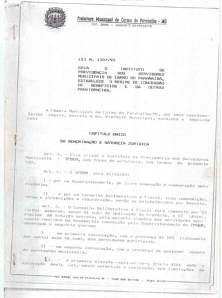 Lei de criação da autarquia Municipal IPSEM- Instituto e Previdência dos Servidores Municipais de Carmo do Paranaíba - MG