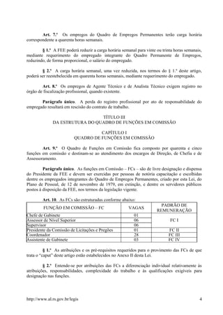 Art. 7.º Os empregos do Quadro de Empregos Permanentes terão carga horária
correspondente a quarenta horas semanais.
§ 1.º A FEE poderá reduzir a carga horária semanal para vinte ou trinta horas semanais,
mediante requerimento do empregado integrante do Quadro Permanente de Empregos,
reduzindo, de forma proporcional, o salário do empregado.
§ 2.º A carga horária semanal, uma vez reduzida, nos termos do § 1.º deste artigo,
poderá ser reestebelecida em quarenta horas semanais, mediante requerimento do empregado.
Art. 8.º Os empregos de Agente Técnico e de Analista Técnico exigem registro no
órgão de fiscalização profissional, quando existente.
Parágrafo único. A perda do registro profissional por ato de responsabilidade do
empregado resultará em rescisão do contrato de trabalho.
TÍTULO III
DA ESTRUTURA DO QUADRO DE FUNÇÕES EM COMISSÃO
CAPÍTULO I
QUADRO DE FUNÇÕES EM COMISSÃO
Art. 9.º O Quadro de Funções em Comissão fica composto por quarenta e cinco
funções em comissão e destinam-se ao atendimento dos encargos de Direção, de Chefia e de
Assessoramento.
Parágrafo único. As funções em Comissão – FCs – são de livre designação e dispensa
do Presidente da FEE e devem ser exercidas por pessoas de notória capacitação e escolhidas
dentre os empregados integrantes do Quadro de Empregos Permanentes, criado por esta Lei, do
Plano de Pessoal, de 12 de novembro de 1979, em extinção, e dentre os servidores públicos
postos à disposição da FEE, nos termos da legislação vigente.
Art. 10. As FCs são estruturadas conforme abaixo:
FUNÇÃO EM COMISSÃO – FC VAGAS
PADRÃO DE
REMUNERAÇÃO
Chefe de Gabinete 01
FC IAssessor de Nível Superior 06
Supervisor 06
Presidente da Comissão de Licitações e Pregões 01 FC II
Coordenador 28 FC III
Assistente de Gabinete 03 FC IV
§ 1.º As atribuições e os pré-requisitos requeridos para o provimento das FCs de que
trata o “caput” deste artigo estão estabelecidos no Anexo II desta Lei.
§ 2.º Entende-se por atribuições das FCs a diferenciação individual relativamente às
atribuições, responsabilidades, complexidade do trabalho e às qualificações exigíveis para
designação nas funções.
http://www.al.rs.gov.br/legis 4
 
