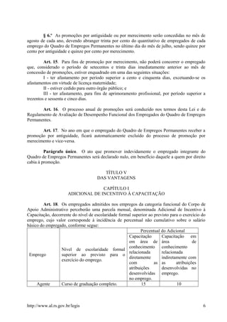 § 6.º As promoções por antiguidade ou por merecimento serão concedidas no mês de
agosto de cada ano, devendo abranger trinta por cento do quantitativo de empregados de cada
emprego do Quadro de Empregos Permanentes no último dia do mês de julho, sendo quinze por
cento por antiguidade e quinze por cento por merecimento.
Art. 15. Para fins de promoção por merecimento, não poderá concorrer o empregado
que, considerado o período de setecentos e trinta dias imediatamente anterior ao mês de
concessão de promoções, estiver enquadrado em uma das seguintes situações:
I - ter afastamento por período superior a cento e cinquenta dias, excetuando-se os
afastamentos em virtude de licença maternidade;
II - estiver cedido para outro órgão público; e
III - ter afastamento, para fins de aprimoramento profissional, por período superior a
trezentos e sessenta e cinco dias.
Art. 16. O processo anual de promoções será conduzido nos termos desta Lei e do
Regulamento de Avaliação de Desempenho Funcional dos Empregados do Quadro de Empregos
Permanentes.
Art. 17. No ano em que o empregado do Quadro de Empregos Permanentes receber a
promoção por antiguidade, ficará automaticamente excluído do processo de promoção por
merecimento e vice-versa.
Parágrafo único. O ato que promover indevidamente o empregado integrante do
Quadro de Empregos Permanentes será declarado nulo, em benefício daquele a quem por direito
cabia à promoção.
TÍTULO V
DAS VANTAGENS
CAPÍTULO I
ADICIONAL DE INCENTIVO À CAPACITAÇÃO
Art. 18. Os empregados admitidos nos empregos da categoria funcional do Corpo de
Apoio Administrativo perceberão uma parcela mensal, denominada Adicional de Incentivo à
Capacitação, decorrente do nível de escolaridade formal superior ao previsto para o exercício do
emprego, cujo valor corresponde à incidência de percentual não cumulativo sobre o salário
básico do empregado, conforme segue:
Emprego
Nível de escolaridade formal
superior ao previsto para o
exercício do emprego.
Percentual do Adicional
Capacitação
em área de
conhecimento
relacionada
diretamente
com as
atribuições
desenvolvidas
no emprego.
Capacitação em
área de
conhecimento
relacionada
indiretamente com
as atribuições
desenvolvidas no
emprego.
Agente Curso de graduação completo. 15 10
http://www.al.rs.gov.br/legis 6
 