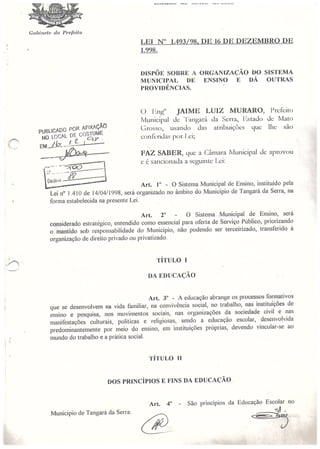 Lei 1.493/98 de 16 de dezembro de 1998 - Sistema Municipal de Ensino