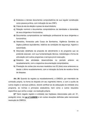 18
a) Estatutos e demais documentos comprobatórios de sua regular constituição
como pessoa jurídica, com indicação de seu CNPJ;
b) Cópia da ata de eleição e posse da atual diretoria;
c) Relação nominal e documentos comprobatórios da identidade e idoneidade
de seus dirigentes e funcionários;
d) Documentos comprobatórios da habilitação profissional de seus dirigentes e
funcionários;
e) Atestados, fornecidos pelo Corpo de Bombeiros, Vigilância Sanitária ou
órgãos públicos equivalentes, relativos às condições de segurança, higiene e
salubridade;
f) Descrição detalhada da proposta de atendimento e do programa que se
pretende executar, com sua fundamentação técnica, metodologia e forma de
articulação com outros programas e serviços já em execução;
g) Relatório das atividades desenvolvidas no período anterior ao
recadastramento, com a respectiva documentação comprobatória;
h) Prestação de contas dos recursos recebidos nos 02 (dois) anos anteriores ou
desde o último recadastramento, com a indicação da fonte de receita e forma
de despesa.
Art. 29. Quando do registro ou recadastramento, o CMDCA, por intermédio de
comissão própria, na forma do disposto em seu regimento interno, e com o auxílio de
outros órgãos e serviços públicos, deverá certificar-se da adequação da entidade e/ou
programa, às normas e princípios estatutários, bem como a outros requisitos
específicos que venha a exigir, via resolução própria.
§1º Será negado registro à entidade nas hipóteses relacionadas pelo art. 91,
parágrafo único, da Lei nº 8.069/90 e em outras situações definidas pela mencionada
resolução do CMDCA.
 