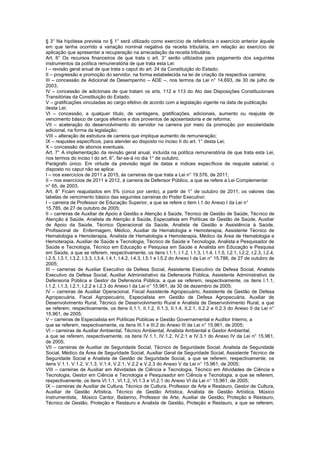 § 3° Na hipótese prevista no § 1° será utilizado como exercício de referência o exercício anterior àquele
em que tenha ocorrido a variação nominal negativa da receita tributária, em relação ao exercício de
aplicação que apresentar a recuperação na arrecadação da receita tributária.
Art. 6° Os recursos financeiros de que trata o art. 3° serão utilizados para pagamento dos seguintes
instrumentos da política remuneratória de que trata esta Lei:
I – revisão geral anual de que trata o caput do art. 24 da Constituição do Estado;
II – progressão e promoção do servidor, na forma estabelecida na lei de criação da respectiva carreira;
III – concessão de Adicional de Desempenho – ADE –, nos termos da Lei n° 14.693, de 30 de julho de
2003;
IV – concessão de adicionais de que tratam os arts. 112 e 113 do Ato das Disposições Constitucionais
Transitórias da Constituição do Estado;
V – gratificações vinculadas ao cargo efetivo de acordo com a legislação vigente na data de publicação
desta Lei;
VI – concessão, a qualquer título, de vantagens, gratificações, adicionais, aumento ou reajuste de
vencimento básico de cargos efetivos e dos proventos de aposentadoria e de reforma;
VII – aceleração do desenvolvimento do servidor na carreira por meio da promoção por escolaridade
adicional, na forma da legislação;
VIII – alteração de estrutura de carreira que implique aumento de remuneração;
IX – reajustes específicos, para atender ao disposto no inciso II do art. 1° desta Lei;
X – concessão de abonos eventuais.
Art. 7° A implementação da revisão geral anual, incluída na política remuneratória de que trata esta Lei,
nos termos do inciso I do art. 6°, far-se-á no dia 1° de outubro.
Parágrafo único. Em virtude da previsão legal de datas e índices específicos de reajuste salarial, o
disposto no caput não se aplica:
I – nos exercícios de 2011 a 2015, às carreiras de que trata a Lei n° 19.576, de 2011;
II – nos exercícios de 2011 e 2012, à carreira de Defensor Público, a que se refere a Lei Complementar
n° 65, de 2003.
Art. 8° Ficam reajustados em 5% (cinco por cento), a partir de 1° de outubro de 2011, os valores das
tabelas de vencimento básico das seguintes carreiras do Poder Executivo:
I – carreira de Professor de Educação Superior, a que se refere o item I.1 do Anexo I da Lei n°
15.785, de 27 de outubro de 2005;
II – carreiras de Auxiliar de Apoio à Gestão e Atenção à Saúde, Técnico de Gestão de Saúde, Técnico de
Atenção à Saúde, Analista de Atenção à Saúde, Especialista em Políticas de Gestão de Saúde, Auxiliar
de Apoio da Saúde, Técnico Operacional da Saúde, Analista de Gestão e Assistência à Saúde,
Profissional de Enfermagem, Médico, Auxiliar de Hematologia e Hemoterapia, Assistente Técnico de
Hematologia e Hemoterapia, Analista de Hematologia e Hemoterapia, Médico da Área de Hematologia e
Hemoterapia, Auxiliar de Saúde e Tecnologia, Técnico de Saúde e Tecnologia, Analista e Pesquisador de
Saúde e Tecnologia, Técnico em Educação e Pesquisa em Saúde e Analista em Educação e Pesquisa
em Saúde, a que se referem, respectivamente, os itens I.1.1, I.1.2, I.1.3, I.1.4, I.1.5, I.2.1, I.2.2, I.2.3, I.2.4,
I.2.5, I.3.1, I.3.2, I.3.3, I.3.4, I.4.1, I.4.2, I.4.3, I.5.1 e I.5.2 do Anexo I da Lei n° 15.786, de 27 de outubro de
2005;
III – carreiras de Auxiliar Executivo da Defesa Social, Assistente Executivo da Defesa Social, Analista
Executivo da Defesa Social, Auxiliar Administrativo da Defensoria Pública, Assistente Administrativo da
Defensoria Pública e Gestor da Defensoria Pública, a que se referem, respectivamente, os itens I.1.1,
I.1.2, I.1.3, I.2.1, I.2.2 e I.2.3 do Anexo I da Lei n° 15.961, de 30 de dezembro de 2005;
IV – carreiras de Auxiliar Operacional, Fiscal Assistente Agropecuário, Assistente de Gestão de Defesa
Agropecuária, Fiscal Agropecuário, Especialista em Gestão de Defesa Agropecuária, Auxiliar de
Desenvolvimento Rural, Técnico de Desenvolvimento Rural e Analista de Desenvolvimento Rural, a que
se referem, respectivamente, os itens II.1.1, II.1.2, II.1.3, II.1.4, II.2.1, II.2.2 e II.2.3 do Anexo II da Lei n°
15.961, de 2005;
V – carreiras de Especialista em Políticas Públicas e Gestão Governamental e Auditor Interno, a
que se referem, respectivamente, os itens III.1 e III.2 do Anexo III da Lei n° 15.961, de 2005;
VI – carreiras de Auxiliar Ambiental, Técnico Ambiental, Analista Ambiental e Gestor Ambiental,
a que se referem, respectivamente, os itens IV.1.1, IV.1.2, IV.2.1 e IV.3.1 do Anexo IV da Lei n° 15.961,
de 2005;
VII – carreiras de Auxiliar de Seguridade Social, Técnico de Seguridade Social, Analista de Seguridade
Social, Médico da Área de Seguridade Social, Auxiliar Geral de Seguridade Social, Assistente Técnico de
Seguridade Social e Analista de Gestão de Seguridade Social, a que se referem, respectivamente, os
itens V.1.1, V.1.2, V.1.3, V.1.4, V.2.1, V.2.2 e V.2.3 do Anexo V da Lei n° 15.961, de 2005;
VIII – carreiras de Auxiliar em Atividades de Ciência e Tecnologia, Técnico em Atividades de Ciência e
Tecnologia, Gestor em Ciência e Tecnologia e Pesquisador em Ciência e Tecnologia, a que se referem,
respectivamente, os itens VI.1.1, VI.1.2, VI.1.3 e VI.2.1 do Anexo VI da Lei n° 15.961, de 2005;
IX – carreiras de Auxiliar de Cultura, Técnico de Cultura, Professor de Arte e Restauro, Gestor de Cultura,
Auxiliar de Gestão Artística, Técnico de Gestão Artística, Analista de Gestão Artística, Músico
Instrumentista, Músico Cantor, Bailarino, Professor de Arte, Auxiliar de Gestão, Proteção e Restauro,
Técnico de Gestão, Proteção e Restauro e Analista de Gestão, Proteção e Restauro, a que se referem,
 