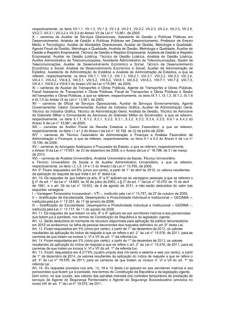 respectivamente, os itens VII.1.1, VII.1.2, VII.1.3, VII.1.4, VII.2.1, VII.2.2, VII.2.3, VII.2.4, VII.2.5, VII.2.6,
VII.2.7, VII.3.1, VII.3.2 e VII.3.3 do Anexo VII da Lei n° 15.961, de 2005;
X – carreiras de Auxiliar de Serviços Operacionais, Assistente de Gestão e Políticas Públicas em
Desenvolvimento, Analista de Gestão e Políticas Públicas em Desenvolvimento, Professor de Ensino
Médio e Tecnológico, Auxiliar de Atividades Operacionais, Auxiliar de Gestão, Metrologia e Qualidade,
Agente Fiscal de Gestão, Metrologia e Qualidade, Analista de Gestão, Metrologia e Qualidade, Auxiliar de
Gestão e Registro Empresarial, Técnico de Gestão e Registro Empresarial, Analista de Gestão e Registro
Empresarial, Auxiliar de Gestão Lotérica, Técnico de Gestão Lotérica, Analista de Gestão Lotérica,
Auxiliar Administrativo de Telecomunicações, Assistente Administrativo de Telecomunicações, Gestor de
Telecomunicações, Auxiliar de Desenvolvimento Econômico e Social, Técnico de Desenvolvimento
Econômico e Social, Analista de Desenvolvimento Econômico e Social, Auxiliar de Administração de
Estádios, Assistente de Administração de Estádios e Analista de Administração de Estádios, a que se
referem, respectivamente, os itens VIII.1.1, VIII.1.2, VIII.1.3, VIII.2.1, VIII.3.1, VIII.3.2, VIII.3.3, VIII.3.4,
VIII.4.1, VIII.4.2, VIII.4.3, VIII.5.1, VIII.5.2, VIII.5.3, VIII.6.1, VIII.6.2, VIII.6.3, VIII.7.1, VIII.7.2, VIII.7.3,
VIII.8.1, VIII.8.2 e VIII.8.3 do Anexo VIII da Lei n°15.961, de 2005;
XI – carreiras de Auxiliar de Transportes e Obras Públicas, Agente de Transportes e Obras Públicas,
Fiscal Assistente de Transportes e Obras Públicas, Fiscal de Transportes e Obras Públicas e Gestor
deTransportes e Obras Públicas, a que se referem, respectivamente, os itens IX.1.1, IX.1.2, IX.1.3, IX.1.4
e IX.1.5 do Anexo IX da Lei n° 15.961, de 2005;
XII – carreiras de Oficial de Serviços Operacionais, Auxiliar de Serviços Governamentais, Agente
Governamental, Gestor Governamental, Auxiliar da Indústria Gráfica, Auxiliar de Administração Geral,
Técnico da Indústria Gráfica, Técnico de Administração Geral, Analista de Gestão, Técnico de Aeronave
do Gabinete Militar e Comandante de Aeronave do Gabinete Militar do Governador, a que se referem,
respectivamente, os itens X.1.1, X.1.2, X.2.1, X.2.2, X.3.1, X.3.2, X.3.3, X.3.4, X.3.5, X.4.1 e X.4.2 do
Anexo X da Lei n° 15.961, de 2005;
XIII – carreiras de Auditor Fiscal da Receita Estadual e Gestor Fazendário, a que se referem,
respectivamente, os itens I.1 e I.2 do Anexo I da Lei n° 16.190, de 22 de junho de 2006;
XIV – carreiras de Técnico Fazendário de Administração e Finanças e Analista Fazendário de
Administração e Finanças, a que se referem, respectivamente, os itens II.1 e II.2 do Anexo II da Lei n°
16.190, de 2006;
XV – carreiras de Advogado Autárquico e Procurador do Estado, a que se referem, respectivamente,
o Anexo III da Lei n° 17.951, de 23 de dezembro de 2008, e o Anexo da Lei n° 18.798, de 31 de março
de 2010;
XVI – carreiras de Analista Universitário, Analista Universitário da Saúde, Técnico Universitário
e Técnico Universitário da Saúde e de Auxiliar Administrativo Universitário, a que se referem,
respectivamente, os itens I.2, I.3, I.4 e I.5 do Anexo I da Lei n° 15.785, de 2005.
Art. 9° Ficam reajustados em 5% (cinco por cento), a partir de 1° de abril de 2012, os valores resultantes
da aplicação do reajuste de que trata o art. 8° desta Lei.
Art. 10. Os reajustes de que tratam os arts. 8° e 9° aplicam-se às vantagens pessoais a que se referem o
§ 4° do art. 1° da Lei n° 14.683, de 30 de julho de 2003, o § 3° do art. 1° da Lei n° 10.470, de 15 de abril
de 1991, e o art. 39 da Lei n° 19.553, de 9 de agosto de 2011, e não serão deduzidos do valor das
seguintes vantagens:
I – Vantagem Temporária Incorporável – VTI –, instituída pela Lei n° 15.787, de 27 de outubro de 2005;
II – Gratificação de Escolaridade, Desempenho e Produtividade Individual e Institucional – GEDAMA –,
instituída pela Lei n° 17.351, de 17 de janeiro de 2008;
III – Gratificação de Escolaridade, Desempenho e Produtividade Individual e Institucional – GEDIMA –,
instituída pela Lei n° 17.717, de 11 de agosto de 2008.
Art. 11. Os reajustes de que tratam os arts. 8° e 9° aplicam-se aos servidores inativos e aos pensionistas
que fazem jus à paridade, nos termos da Constituição da República e da legislação vigente.
Art. 12. Serão deduzidos do montante de recursos disponíveis para aplicação da política remuneratória
em 2012 os acréscimos na folha de pessoal decorrentes dos reajustes definidos no art. 9° desta Lei.
Art. 13. Ficam reajustados em 5% (cinco por cento), a partir de 1° de dezembro de 2012, os valores
resultantes da aplicação do índice de reajuste a que se refere o art. 2° da Lei n° 19.576, de 2011, para as
carreiras de que tratam os incisos V, VI e VII do art. 1° da referida Lei.
Art. 14. Ficam reajustados em 5% (cinco por cento), a partir de 1° de dezembro de 2013, os valores
resultantes da aplicação do índice de reajuste a que se refere o art. 3° da Lei n° 19.576, de 2011, para as
carreiras de que tratam os incisos V, VI e VII do art. 1° da referida Lei.
Art. 15. Ficam reajustados em 4,2176% (quatro vírgula dois mil cento e setenta e seis por cento), a partir
de 1° de dezembro de 2014, os valores resultantes da aplicação do índice de reajuste a que se refere o
art. 5° da Lei n° 19.576, de 2011, para as carreiras de que tratam os incisos V, VI e VII do art. 1° da
referida Lei.
Art. 16. Os reajustes previstos nos arts. 13, 14 e 15 desta Lei aplicam-se aos servidores inativos e aos
pensionistas que fazem jus à paridade, nos termos da Constituição da República e da legislação vigente,
bem como, no que couber, aos valores das parcelas mensais dos contratos temporários de prestação de
serviços de Agente de Segurança Penitenciário e Agente de Segurança Socioeducativo previstos no
inciso VIII do art. 1° da Lei n° 19.576, de 2011.
 