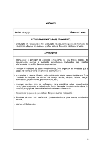 ANEXO VII



CARGO: Pedagogo                                                  SÍMBOLO: CEM-4


                     REQUISITOS MÍNIMOS PARA PROVIMENTO

• Graduação em Pedagogia ou Pós-Graduação na área, com experiência mínima de 02
  (dois) anos adquirida em qualquer nível ou sistema de ensino, público ou privado.


                                    ATRIBUIÇÕES


• acompanhar e participar do processo educacional, no seu tríplice aspecto de
  planejamento, controle e avaliação, considerando implicações das relações
  interpessoais, no âmbito da comunidade escolar;

• Planejar o calendário de datas comemorativas, para organizar as atividades que a
  Escola irá promover junto aos alunos e a comunidade;

• acompanhar o desenvolvimento individual de cada aluno, desenvolvendo uma ficha
  contendo informações da história da criança (saúde, relação familiar, relação
  aluno/escola, professor/pais, professor/aluno, etc);

• promover reuniões com os professores para orientá-los sobre procedimentos
  pedagógicos adequados a cada situação dentro da escola, bem como estar ciente do
  material pedagógico e das atividades ministradas em sala de aula;

•   Encaminhar a criança a especialistas da saúde quando necessário;

• Promover reunião com pais/alunos, professores/alunos para melhor convivência
  escolar;

• exercer atividades afins.




                                                                                  18
 