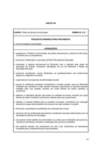 ANEXO VIII



CARGO: Chefe do Serviço de Educação                                 SÍMBOLO: C.C.


                    REQUISITOS MÍNIMOS PARA PROVIMENTO

• Livre nomeação e exoneração

                                   ATRIBUIÇÕES

• assessorar o Prefeito na formulação da política educacional e cultural do Município,
  no âmbito de sua competência;

• promover a elaboração e execução do Plano Municipal de Educação;

• coordenar o sistema educacional do Município com o adotado pelo órgão de
  educação do Estado, consoante orientações da Lei de Diretrizes e Bases da
  Educação Nacional;

• promover anualmente, cursos destinados ao aperfeiçoamento dos profissionais
  ligados ao magistério municipal;

• supervisionar os programas de alimentação escolar;

• apurar os problemas escolares combatendo a evasão escolar, para as diferentes
  unidades que compõem a rede escolar municipal, executando ou fazendo executar
  medidas para sua solução, levando em conta fatores de ordem climática e
  econômica;

• elaborar o calendário escolar para todas as unidades de ensino, levando em conta
  fatores de ordem climática e econômica, zelando pelo seu cumprimento;

• distribuir o material didático para as escolas municipais, controlando sua utilização
  através de mapas demonstrativos do consumo de cada unidade e no geral;

• Promover a expedição de certificados de conclusão dos cursos;

• reunir-se com os professores para discutir e esclarecer assuntos relacionados com as
  atividades do Serviço de Educação;

• dar parecer sobre pedidos de subvenções ou auxílios para instituições educacionais,
  culturais e recreativas e fiscalizar a aplicação dos recursos concedidos;

• dar especial atenção aos professores da zona rural, dando-lhes as necessárias
  condições para o desempenho de suas atividades.




                                                                                     19
 