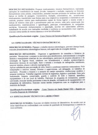 DE RIÇÃO DETALHADA: Preparar medicamentos, insumos farmacêuticos, realizando
operações de transferência de massa, divisão, transporte e medição, manipular as fórmulas
farmacêuticas como pílulas, comprimidos, pomadas executar processos de análises onde ão
típicas as tarefas de pesagem, viscosimetria, titulação, colori métrica etc.. acondicionar
medicamentos, transferindo suas formas para seus respectivos recipientes e rnantendo-os ob
controle preparar rótulos para medicamentos copiar de forma legível a receita aviada e
indicar de maneira clara qual o procedimento para uso correto, zelar pela conservação dos
medicamentos, matérias-primas e aparelhagem, participar eventualmente de campanhas
sanitárias, fornecendo esclarecimentos à população, auxiliar em calamidades públicas,
trabalhando de acordo com instruções recebidas e conforma as necessidades mais urgentes
executar outras tarefas de mesma natureza e nível de dificuldade.
Qualificação/Escolaridade exigida: Curso Técnico de Farmácia Registro no CRF.
6.4- ESPECIALIDADE: TÉC ICO EM SAÚDE BUCAL
DESCRIÇÃO S MÁRIA: Planejar o trabalho técnico-odontológico prevenir doença bucal,
executar procedimentos odontológicos básicos, sob supervisão do cirurgião dentista.
DESCRIÇÃO DETALHADA: Organizar o agendamento de consultas e fichários de
pacientes. Recepcionar e preparar os pacientes para atendimentos, instrumentando o cirurgião
dentista e manipulando materiais de uso odontológico participar de projetos educativos e de
orientação de higiene bucal, colaborar nos levantamentos e estudos epidemiológicos,
demonstrar técnicas de escovação, fazer a tomada e revelação de radiografias intrabucais,
remover indultos, placas e cálculos supragengivais.
Aplicar substâncias para prevenção de cárie, Inserir e condensar materiais restauradores. Polir
restaurações e remover suturas, Orientar e supervisionar, sob delegação, os trabalhos de
auxiliares. Proceder a limpeza e a assepsia do campo operatório, confeccionar modelos e
preparar moldeiras. Trabalhar seguindo normas de segurança, higiene e qualidade. Zelar pela
manutenção, limpeza, conservação, guarda e controle de todo o material aparelhos,
equipamentos e de seu local de trabalho. Participar de programa de treinamento, quando
convocado, executar tarefas pertinentes à área de atuação, utilizando-se de equipamentos e de
programas de informática. Executar outras tarefas compatíveis com as exigências para o
exercício da função.
Qualificação/Escolaridade exigida: Curso Técnico em Saúde Dental TSD - Registro no
Conselho Regional de Odontologia
6.5- ESPECIALIDADE TÉC lCO EM LABORA TÓRlO
DE CRIÇÃO suMÁRIA: Executar atividades técnicas de laboratórios de acordo com as
áreas específicas em conformidade com normas de qualidade de biossegurança e controle do
meio-ambiente.
 
