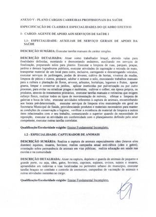 A EXO V - PLANO C RGOS CARRE1RAS PROFlSSIO AIS DA SAúDE
ESPECIFICAÇÃO DE CLASSES E ESPECIALIDADES DO QUADRO EFETIVO
1- CARGO: AGENTE DE APOIO AOS ERVIÇOS DE SAÚDE I
1.1- ESPECIALIDADE: AUXILIAR DE SERVIÇO GER;IS DE APOIO DA
SAÚDE
'DESCRIÇÃO SUMÁRIA: Executar tarefas manuais de caráter simples.
DESCRIÇÃO DETALHADA: Atuar como trabalhador braçal, abrindo valas para
finalidades definidas, montando e desmontando andaimes, auxiliando em serviços de
finalização, preparando solos para plantio. Executar a limpeza de ruas parques, praças,
jardins e demais logradouros públicos, executar atividades de capinação e retirada de mato,
transportar material de um local para outro, inclusive, carregando e descarregando veículos,
executar serviços de jardinagem, podas de árvores, cultivo de hortas, viveiros de mudas,
limpeza de pátios e outros, preparar, adubar e semear o solo, executando trabalhos manuais
para a cultura e plantação de flores, arvores, arbustos, hortaliças, legumes e frutos, aparar
grama, limpar e conservar os jardins, aplicar inseticidas por pulverização ou por outro
processo, para evitar ou erradicar pragas e moléstias, cultivar e colher, em época própria, os
produtos, através de tratamentos primários, executar tarefas manuais e rotineiras que exigem
esforço físico, realizar todos os tipos de movimentação de móveis, efetuar a limpeza de
galerias e boca de lobo, executar atividades referentes à captura de animais, encaminhando
aos locais pré-determinado, executar serviços de limpeza e/ou manutenção em geral na
Secretaria Municipal de Saúde, providenciando produtos e materiais necessários para manter
as condições de conservação e higiene, verificar a existência de material de limpeza e outros
itens reLacionados com o seu trabalho, comunicando o superior quando da necessidade de
reposição, executar as atividades em conformidade com o planejamento definido pelo setor
competente, executar outras tarefas correlatas.
Qualiflcaçãe/Escolaridade exigida: Ensino Fundamental Incompleto.
1.2 -.ESPECIALIDADE: CAPTURADOR DE A IMAIS
DESCRIÇÃO SUMÁRIA: Realiza a captura de animais especialmente cães (bravos e/ou
doentes) equinos, muares, bovinos; realiza campanha anual anti-rábica (cães .e gatos);
orientação sobre permanência de animais em vias públicas' realiza educação em saúde nas
escolas e na comunidade
DESCRIÇÃO DETALHADA: Atuar na captura, depósito e guarda de animais de pequeno e
grande porte, ou seja, cães, gatos, bovinos, caprinos eqüinos, ovinos, suínos e muares,
apreendidos em rodovias e vias localizadas no perímetro urbano do município, executar
tarefas braçais no combate e controle de zoonoeses, campanhas de vacinação de animais e
outras atividades inerentes ao cargo.
Qualificação/E colaridade exigida: Ensino Fundamental Incompleto.
 