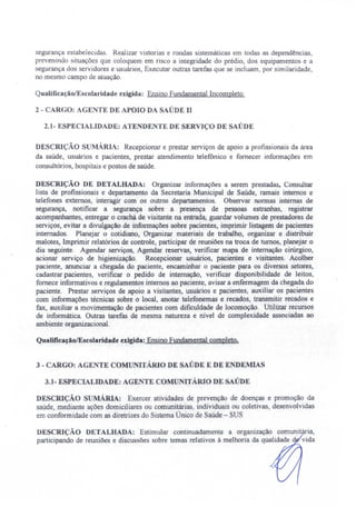 segurança estabelecidas. Realizar vistorias e rondas sistemáticas em todas as dependências,
prevenindo situações que coloquem em risco a integridade do prédio, dos equipamentos e a
segurança dos servidores e usuários, Executar outras tarefas que se incluam, por similaridade,
no mesmo campo de atuação.
Qualificação/Escolaridade exigida: Ensino Fundamental Incompleto.
2 - CARGO: AGENTE DE APOIO DA SAÚDE II
2.1- ESPECIALIDADE: ATENDENTE DE SERVIÇO DE SAÚDE
DESCRIÇÃO SUMÁRIA: Recepcionar e prestar serviços de apoio a profissionais da área
da saúde, usuários e pacientes, prestar atendimento telefônico e fornecer informações em
consultórios, hospitais e postos de saúde.
DESCRIÇÃO DE DETALHADA: Organizar informações a serem prestadas, Consultar
lista de profissionais e departamento da Secretaria Municipal de Saúde, ramais internos e
telefones externos, interagir com os outros departamentos. Observar normas internas de
segurança, notificar a segurança sobre a presença de pessoas estranhas, registrar
acompanhantes, entregar o crachá de visitante na entrada, guardar volumes de prestadores de
serviços, evitar a divulgação de informações sobre pacientes, imprimir listagem de pacientes
internados. Planejar o cotidiano, Organizar materiais de trabalho, organizar e distribuir
malotes, Imprimir relatórios de controle, participar de reuniões na troca de turnos, planejar o
dia seguinte. Agendar serviços, Agendar reservas, verificar mapa de internação cirúrgico,
acionar serviço de higienização. Recepcionar usuários, pacientes e visitantes. Acolher
paciente, anunciar a chegada do paciente, encaminhar o paciente para os diversos setores,
cadastrar pacientes, verificar o pedido de internação, verificar disponibilidade de leitos,
fornece informativos e regulamentos internos ao paciente, avisar a enfermagem da chegada do
paciente. Prestar serviços de apoio a visitantes, usuários e pacientes, auxiliar os pacientes
com informações técnicas sobre o local, anotar telefonemas e recados, transmitir recados e
fax, auxiliar a movimentação de pacientes com dificuldade de locomoção. Utilizar recursos
de informática. Outras tarefas de mesma natureza e nível de complexidade associadas ao
ambiente organizacional.
Qualificação/Escolaridade exigida: Ensino Fundamental completo.
3 - CARGO: AGENTE COMUNITÁRIO DE SAÚDE E DE ENDEMIAS
3.1- ESPECIALIDADE: AGENTE COMUNITÁRIO DE SAÚDE
DESCRIÇÃO sUMÁRIA: Exercer atividades de prevenção de doenças e promoção da
saúde mediante ações domiciliares ou comunitárias, individuais ou coletivas, desenvolvidas
em conformidade com as diretrizes do Sistema Único de Saúde - SUS
DESCRIÇÃO DETALHADA: Estimular continuadamente a organização comunitária,
participando de reuniões e discussões sobre temas relativos à melhoria da qualidade d vida
 