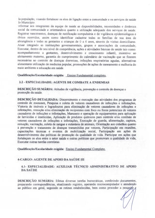 ia população, visando fortalecer os elos de ligação entre a comunidade e os serviços de saúde
io Município.
informar aos integrantes da equipe de saúde as disponibilidades, necessidades e dinâmica
social da comunidade e orientando-a quanto a utilização adequada dos serviços de saúde.
Registrar nascimentos, doenças de notificação compulsória e de vigilância epidemiológica e
óbitos ocorridos, assim como identificar cadastrar todas as famílias de ua área de
abrangência e todas as gestantes e crianças de O a 6 anos, através de visitas domiciliares.
Atuar integrado as instituições governamentais, grupos e associações da comunidade,
Executar, dentro de seu nível de competência, ações e atividades básicas de saúde tais como:
acompanhamento a gestantes, desenvolvimento e crescimento infantil, incentivo ao
aleitamento matemo, garantia do cumprimento do calendário de vacinação que se fizerem
necessárias ao controle de doenças diarreicas, infecções respiratórias agudas alternativas
alimentares utilização de medicina popular, promoções de ações de saneamento e melhoria do
meio ambiente e educação em saúde.
Qualificação/Escolarfdade exigida: Ensino Fundamental completo.
3.2 - ESPECIALIDADE: AGENTE DE COMBATE A ENDEMIAS
DESCRIÇÃO sUMÁRIA: Atitudes de vigilância, prevenção e controle de doenças e
promoção da saúde.
DESCRIÇ.- O DETALHADA: Discernimento e execução das atividades dos programas de
controle de zoonoses, Pesquisa e coleta de vetores causadores de infecções e infestações,
Vistoria de imóveis e logradouros para eliminação de vetores causadores de infecções e
infestações, remoção e/ou eliminação de recipientes com foco ou focos potenciais de vetores
causadores de infecções e infestações, Manuseio e operação de equipamentos para aplicação
de larvicidas e inseticidas, Aplicação de produtos químicos para controle e/ou combate de
vetores causadores de infecções e infestações, Execução de guarda, alimentação, captura,
remoção vacinação, coleta de sangue e eutanásia de animais, Orientação aos cidadãos quanto
à prevenção e tratamento de doenças transmitidas por vetores, Participação em reuniões,
capacitações técnicas e eventos de mobilização social, Participação em ações de
desenvolvimento das politicas de promoção da qualidade de vida. Participar em ações que
fortaleçam os elos entre o setor saúde e outras politicas que promovam a qualidade de vida,
Executar outras tarefas correlatas.
Qualiíicaçâo/Escolaridade exigida: Ensino Fundamental Completo.
4-'CARGO: AGENTE DE APOIO DA AÚDE m
4.1- ESPECIALIDADE: AUXILIAR TÉCNICO ADMINISTRATIVO DE APOIO
DA SAÚDE
DESCRIÇÃO SUMÁRIA: Efetua diversas tarefas burocráticas, conferindo documentos,
preparando correspondências, atualizando registro, operando microcomputador e atendendo
ao público em geral, seguindo as rotinas estabelecidas, bem como proceder a pesquj a
 