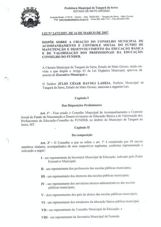 Lei 2.672/07 de 16 de Março de 2007 - Acompanhamento e Controle do FUNDEB