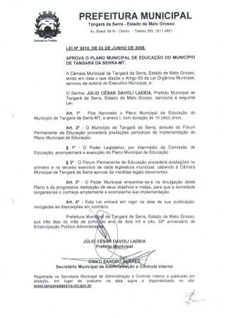 Lei 2.910/08 de 03 de Junho de 2008 - Plano Municipal de Educação de Tangará da Serra-MT