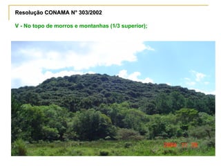 Resolução CONAMA N° 303/2002Resolução CONAMA N° 303/2002
V - No topo de morros e montanhas (1/3 superior);
 