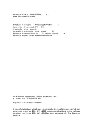 Construção de creche Prédio Unidade 01
Obras e equipamentos urbanos
Construção de barragem Obra realizada Unidade 01
Calçamento Obra realizada M2 8000
Urbanização Obra unidas 01
Construção de casas popular Obra unidade 50
Construção de quadra poliesportiva Obra realizado unidade 01
Construção do centro cultural Obra realizada unidade 01
MEMÓRIA E METODOLOGIA DE CÁLCULO DAS METAS FISCAIS
(LC Nº 101/2000, § 1º e 2º incisos I e II).
Orçamento Fiscal e da Seguridade Social
A metodologia de cálculo utilizada para a demonstração das metas fiscais para o período que
compreende os anos de, 2012, 2013 e 2014, levou em consideração as receitas realizadas
durante os exercícios de, 2008, 2009 e 2010 bem como a projetada até o final do ano em
evidência.
 