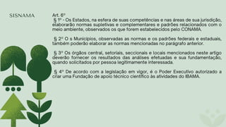 SISNAMA Art. 6º
§ 1º - Os Estados, na esfera de suas competências e nas áreas de sua jurisdição,
elaborarão normas supletivas e complementares e padrões relacionados com o
meio ambiente, observados os que forem estabelecidos pelo CONAMA.
§ 2º O s Municípios, observadas as normas e os padrões federais e estaduais,
também poderão elaborar as normas mencionadas no parágrafo anterior.
§ 3º Os órgãos central, setoriais, seccionais e locais mencionados neste artigo
deverão fornecer os resultados das análises efetuadas e sua fundamentação,
quando solicitados por pessoa legitimamente interessada.
§ 4º De acordo com a legislação em vigor, é o Poder Executivo autorizado a
criar uma Fundação de apoio técnico científico às atividades do IBAMA.
 