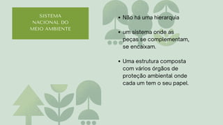 SISTEMA
NACIONAL DO
MEIO AMBIENTE
Não há uma hierarquia
um sistema onde as
peças se complementam,
se encaixam.
Uma estrutura composta
com vários órgãos de
proteção ambiental onde
cada um tem o seu papel.
 