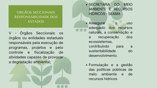 ORGÃOS SECCIONAIS:
RESPONSABILIDADE DOS
ESTADOS
SECRETARIA DO MEIO
AMBIENTE E RECURSOS
HÍDRICOS - SEAMA
Assegurar o uso
adequado dos recursos
naturais, a conservação e
a recuperação dos
ecossistemas,
contribuindo para a
sustentabilidade do
desenvolvimento.
Formulação e a gestão
das políticas públicas de
meio ambiente e de
recursos hídricos.
V - Órgãos Seccionais: os
órgãos ou entidades estaduais
responsáveis pela execução de
programas, projetos e pelo
controle e fiscalização de
atividades capazes de provocar
a degradação ambiental;
 