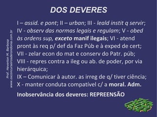 DOS DEVERES
I – assid. e pont; II – urban; III - leald instit q servir;
IV - observ das normas legais e regulam; V - obed
às ordens sup, exceto manif ilegais; VI - atend
pront às req p/ def da Faz Púb e à exped de cert;
VII - zelar econ do mat e conserv do Patr. púb;
VIII - repres contra a ileg ou ab. de poder, por via
hierárquica;
IX – Comunicar à autor. as irreg de q/ tiver ciência;
X - manter conduta compatível c/ a moral. Adm.
Inobservância dos deveres: REPREENSÃO
Prof.HevertonM.Barbosa
www.osconcurseirosderondonia.com.br
 
