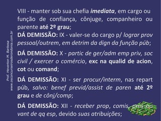 VIII - manter sob sua chefia imediata, em cargo ou
função de confiança, cônjuge, companheiro ou
parente até 2º grau;
DÁ DEMISSÃO: IX - valer-se do cargo p/ lograr prov
pessoal/outrem, em detrim da dign da função púb;
DÁ DEMISSÃO: X - partic de ger/adm emp priv, soc
civil / exercer o comércio, exc na qualid de acion,
cot ou comand;
DÁ DEMISSÃO: XI - ser procur/interm, nas repart
púb, salvo: benef previd/assist de paren até 2º
grau e de cônj/comp;
DÁ DEMISSÃO: XII - receber prop, comis, pres ou
vant de qq esp, devido suas atribuições;
Prof.HevertonM.Barbosa
www.osconcurseirosderondonia.com.br
 