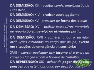 DÁ DEMISSÃO: XIII - aceitar comis, emp/pensão de
Est estran;
DÁ DEMISSÃO: XIV - praticar usura qq forma;
DÁ DEMISSÃO: XV - proceder de forma desidiosa;
DÁ DEMISSÃO: XVI - utilizar pessoal/rec materiais
de repartição em serviço ou atividades partic;
DÁ DEMISSÃO: XVII - cometer a outro servidor
atribuições estranhas ao cargo que ocupa, exceto
em situações de emergência e transitórias;
XVIII - exercer quaisquer ativ incomp c/ o exerc do
cargo ou função e com o horário de trabalho;
DÁ REPREENSÃO: XIX - deixar de pagar dívidas ou
pensões que esteja obrigado por decisão judicial.
Prof.HevertonM.Barbosa
www.osconcurseirosderondonia.com.br
 