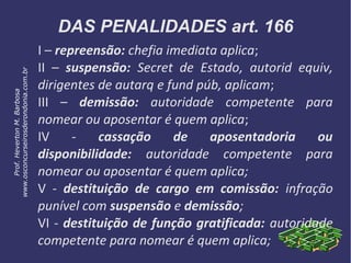 DAS PENALIDADES art. 166
I – repreensão: chefia imediata aplica;
II – suspensão: Secret de Estado, autorid equiv,
dirigentes de autarq e fund púb, aplicam;
III – demissão: autoridade competente para
nomear ou aposentar é quem aplica;
IV - cassação de aposentadoria ou
disponibilidade: autoridade competente para
nomear ou aposentar é quem aplica;
V - destituição de cargo em comissão: infração
punível com suspensão e demissão;
VI - destituição de função gratificada: autoridade
competente para nomear é quem aplica;
Prof.HevertonM.Barbosa
www.osconcurseirosderondonia.com.br
 