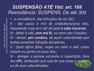 SUSPENSÃO ATÉ 10d: art. 168
Reincidência: SUSPENS. De até 30d
I - a reincidência das infrações do art 167;
II - dar causa à inst de sindicância/proc disc,
imputando a qq serv infr da qual o sabe inocente;
III - faltar à vdd, com má fé, no exerc das Funções;
IV - deixar, por condesc, de punir subordinado que
tenha cometido infração disciplinar;
V - fazer afirm falsa, negar ou calar a vdd, como
testem ou perito em proc disc;
VI - delegar a pessoa estranha à repartição, fora
dos CPL, atribuição que seja de sua comp e respons
ou de seus subordinados;
Prof.HevertonM.Barbosa
www.osconcurseirosderondonia.com.br
 