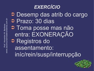 EXERCÍCIO
➲ Desemp das atrib do cargo
➲ Prazo: 30 dias
➲ Toma posse mas não
entra: EXONERAÇÃO
➲ Registros do
assentamento:
iníc/rein/susp/interrupção
Prof.HevertonM.Barbosa
www.osconcurseirosderondonia.com.br
 