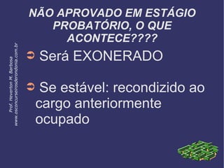 NÃO APROVADO EM ESTÁGIO
PROBATÓRIO, O QUE
ACONTECE????
➲ Será EXONERADO
➲ Se estável: recondizido ao
cargo anteriormente
ocupado
Prof.HevertonM.Barbosa
www.osconcurseirosderondonia.com.br
 