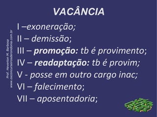 VACÂNCIA
I –exoneração;
II – demissão;
III – promoção: tb é provimento;
IV – readaptação: tb é provim;
V - posse em outro cargo inac;
VI – falecimento;
VII – aposentadoria;
Prof.HevertonM.Barbosa
www.osconcurseirosderondonia.com.br
 