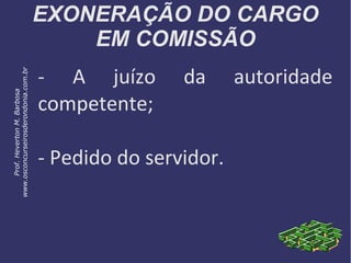 EXONERAÇÃO DO CARGO
EM COMISSÃO
- A juízo da autoridade
competente;
- Pedido do servidor.
Prof.HevertonM.Barbosa
www.osconcurseirosderondonia.com.br
 