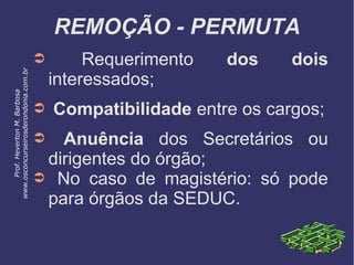 REMOÇÃO - PERMUTA
➲ Requerimento dos dois
interessados;
➲ Compatibilidade entre os cargos;
➲ Anuência dos Secretários ou
dirigentes do órgão;
➲ No caso de magistério: só pode
para órgãos da SEDUC.
Prof.HevertonM.Barbosa
www.osconcurseirosderondonia.com.br
 