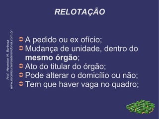 RELOTAÇÃO
➲ A pedido ou ex ofício;
➲ Mudança de unidade, dentro do
mesmo órgão;
➲ Ato do titular do órgão;
➲ Pode alterar o domicílio ou não;
➲ Tem que haver vaga no quadro;
Prof.HevertonM.Barbosa
www.osconcurseirosderondonia.com.br
 