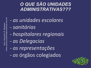 O QUE SÃO UNIDADES
ADMINISTRATIVAS???
- as unidades escolares
- sanitárias
- hospitalares regionais
- as Delegacias
- as representações
- os órgãos colegiados
Prof.HevertonM.Barbosa
www.osconcurseirosderondonia.com.br
 