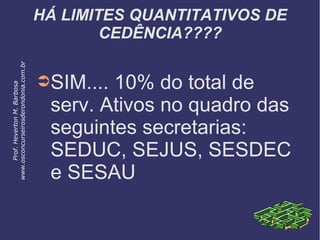 HÁ LIMITES QUANTITATIVOS DE
CEDÊNCIA????
➲SIM.... 10% do total de
serv. Ativos no quadro das
seguintes secretarias:
SEDUC, SEJUS, SESDEC
e SESAU
Prof.HevertonM.Barbosa
www.osconcurseirosderondonia.com.br
 