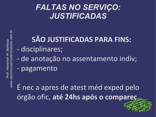 FALTAS NO SERVIÇO:
JUSTIFICADAS
SÃO JUSTIFICADAS PARA FINS:
- disciplinares;
- de anotação no assentamento indiv;
- pagamento
É nec a apres de atest méd exped pelo
órgão ofic, até 24hs após o comparec.
Prof.HevertonM.Barbosa
www.osconcurseirosderondonia.com.br
 