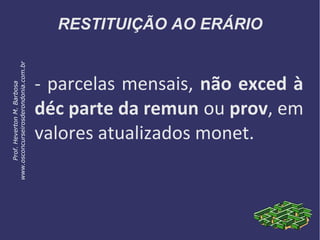 RESTITUIÇÃO AO ERÁRIO
- parcelas mensais, não exced à
déc parte da remun ou prov, em
valores atualizados monet.
Prof.HevertonM.Barbosa
www.osconcurseirosderondonia.com.br
 
