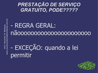 PRESTAÇÃO DE SERVIÇO
GRATUITO, PODE?????
- REGRA GERAL:
nãoooooooooooooooooooooo
- EXCEÇÃO: quando a lei
permitir
Prof.HevertonM.Barbosa
www.osconcurseirosderondonia.com.br
 