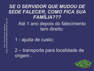 SE O SERVIDOR QUE MUDOU DE
SEDE FALECER, COMO FICA SUA
FAMÍLIA???
Até 1 ano depois do falecimento
tem direito:
1 - ajuda de custo;
2 – transporte para localidade de
origem .
Prof.HevertonM.Barbosa
www.osconcurseirosderondonia.com.br
 