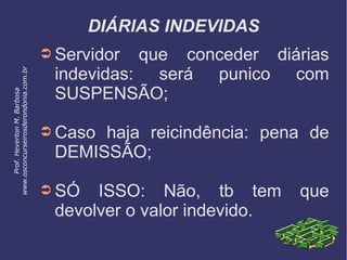 DIÁRIAS INDEVIDAS
➲ Servidor que conceder diárias
indevidas: será punico com
SUSPENSÃO;
➲ Caso haja reicindência: pena de
DEMISSÃO;
➲ SÓ ISSO: Não, tb tem que
devolver o valor indevido.
Prof.HevertonM.Barbosa
www.osconcurseirosderondonia.com.br
 