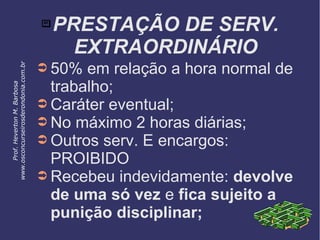  PRESTAÇÃO DE SERV.
EXTRAORDINÁRIO
➲ 50% em relação a hora normal de
trabalho;
➲ Caráter eventual;
➲ No máximo 2 horas diárias;
➲ Outros serv. E encargos:
PROIBIDO
➲ Recebeu indevidamente: devolve
de uma só vez e fica sujeito a
punição disciplinar;
Prof.HevertonM.Barbosa
www.osconcurseirosderondonia.com.br
 