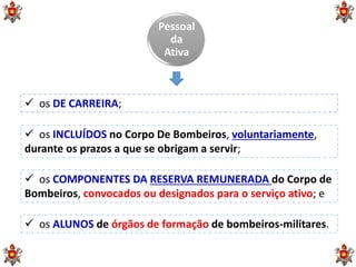 Pessoal
da
Ativa
 os DE CARREIRA;
 os INCLUÍDOS no Corpo De Bombeiros, voluntariamente,
durante os prazos a que se obrigam a servir;
 os COMPONENTES DA RESERVA REMUNERADA do Corpo de
Bombeiros, convocados ou designados para o serviço ativo; e
 os ALUNOS de órgãos de formação de bombeiros-militares.
 