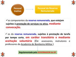 Pessoal
Inativo
Pessoal da Reserva
Remunerada
 os da reserva remunerada, sujeitos à prestação de tarefa
por tempo certo, em caráter transitório e mediante
aceitação voluntária (Ex: assessores, instrutores e
professores da Academia de Bombeiro-Militar )
os componentes da reserva remunerada, que estejam
sujeitos à prestação de serviços na ativa, mediante
convocação;
Regulamentado pelo GOVERNADOR do DF
 