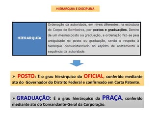 HIERARQUIA E DISCIPLINA
 POSTO: É o grau hierárquico do OFICIAL, conferido mediante
ato do Governador do Distrito Federal e confirmado em Carta Patente.
 GRADUAÇÃO: É o grau hierárquico da PRAÇA, conferido
mediante ato do Comandante-Geral da Corporação.
 